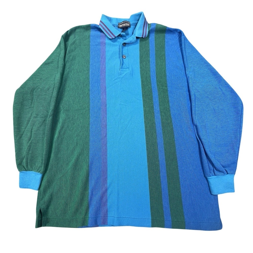 VINTAGE Chesterfield Polo Shirt L Blue‎ Colorblock Striped Retro USA Cotton 90s